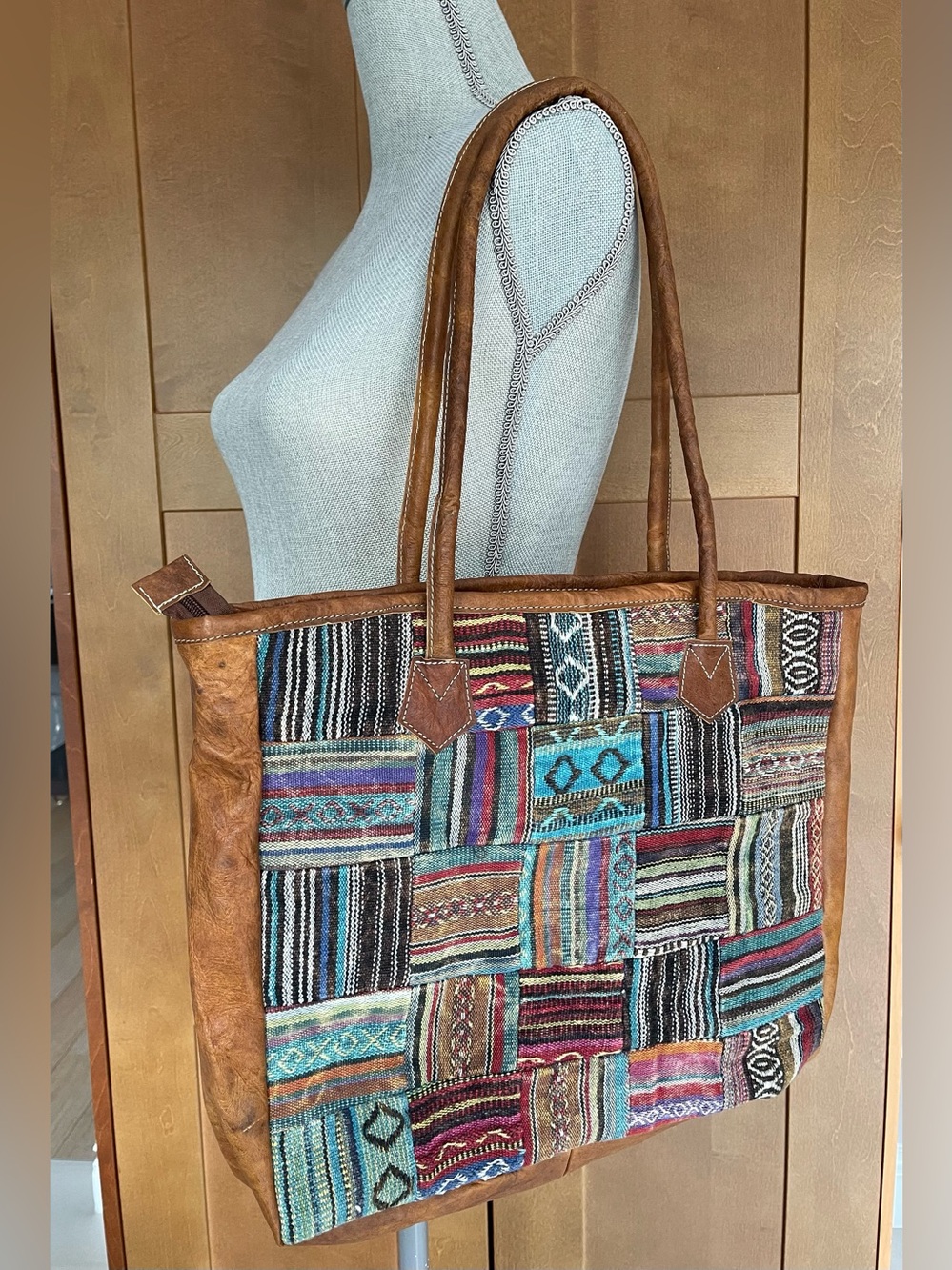 Boho Multicolor Patchwork & Brown Leather Tote Bag - Handmade in Nepal - NEW!